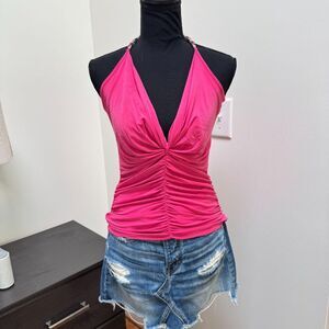 Vintage B-Sharp Bejeweled Halter Tank | Y2K Deadstock Hot Pink Ruched Top | SM